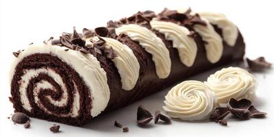 Delicious chocolate roll cake with cream swirls and chocolate chips presented on a light background photo