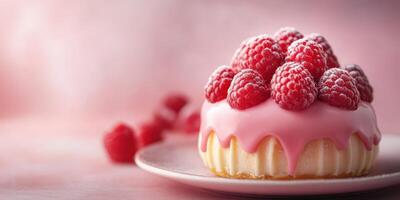 Delicious raspberry cheesecake topped with fresh berries on a plate against a soft pink background photo