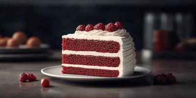 Delicious red velvet cake with raspberries on top served on a plate in a cozy, dimly lit setting photo