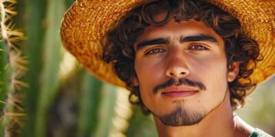 Young man wearing a straw hat poses against a backdrop of cacti in bright sunlight photo