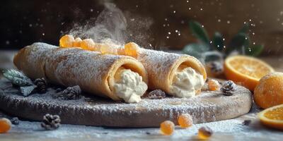 Delicious dessert of rolled pancakes filled with cream and garnished with citrus fruit on a rustic table photo