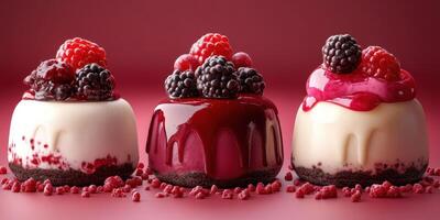 Delicious dessert selection featuring raspberry and blackberry toppings on creamy cheesecake bases displayed on a vibrant red background photo