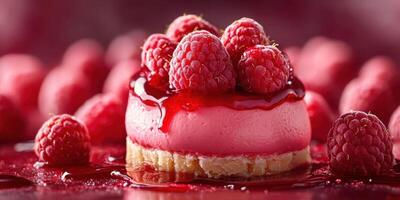Delicious cheesecake topped with fresh raspberries and glossy raspberry sauce on a vibrant background photo