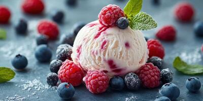 Scoop of vanilla ice cream topped with raspberries and blueberries on a blue background photo