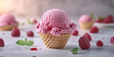 Delicious raspberry ice cream served in a waffle cone with fresh raspberries and mint leaves for decoration photo