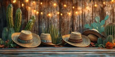 Colorful straw hats displayed among cacti and lights in a rustic outdoor setting during a warm evening photo