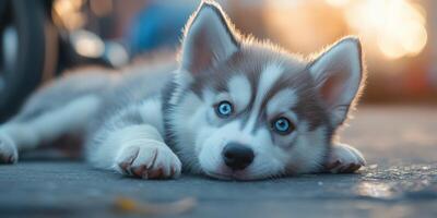 Cute husky puppy resting on the ground with beautiful blue eyes and fluffy fur in a warm outdoor setting photo