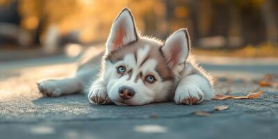 Cute husky puppy lying on the pavement during a warm autumn afternoon with colorful leaves around photo