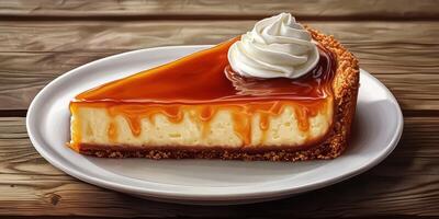 Delicious slice of caramel cheesecake with whipped cream on a rustic wooden table photo