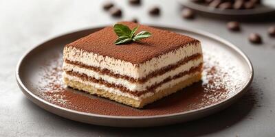 Delicious layered dessert with coffee flavor and cocoa dusting on a dark plate in a cozy cafe setting photo