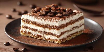 Deliciously layered dessert with coffee and cream served on a black plate photo