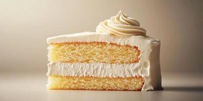 Delicious slice of moist vanilla cake with creamy frosting served on neutral background photo