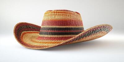 Colorful woven straw hat displayed against a light background showcasing its intricate design and vibrant colors photo