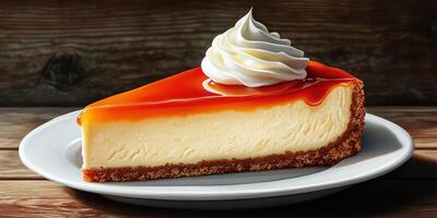 Delicious cheesecake slice with caramel topping on a white plate resting on a wooden table photo