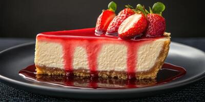 Delicious cheesecake slice topped with fresh strawberries and vibrant red sauce on a dark background photo