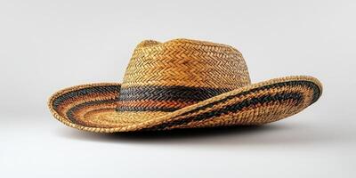Handcrafted straw hat with intricate weaving showcased on a neutral background, highlighting traditional craftsmanship and design photo