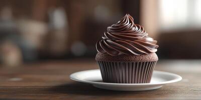 Decadent chocolate cupcake with creamy frosting placed on a white plate in a cozy cafe setting photo