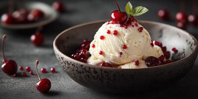 Delicious ice cream topped with cherries and red syrup served in a stylish bowl on a dark table photo