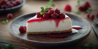 Delicious cheesecake topped with fresh raspberries and raspberry sauce served on a wooden plate photo