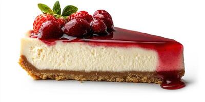Delicious cheesecake slice topped with strawberries and raspberry sauce on a white background photo