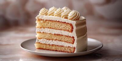 Delicious layer cake with creamy icing on a plate captured in a cozy kitchen setting during daylight photo
