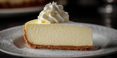 Creamy cheesecake slice on a plate with whipped cream topping and dusted with powdered sugar at a dessert table photo
