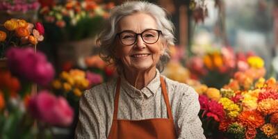 Happy florist smiles in a vibrant flower shop filled with colorful blooms during a sunny afternoon photo