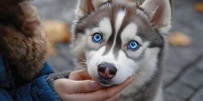 Beautiful Siberian Husky puppy with striking blue eyes being gently held by a person in a chilly outdoor setting photo