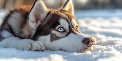 Siberian husky rests in the snow during winter, enjoying the cold weather in a tranquil outdoor setting photo