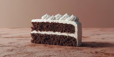 Delicious chocolate cake slice on a textured surface with cream topping and rich layers photo