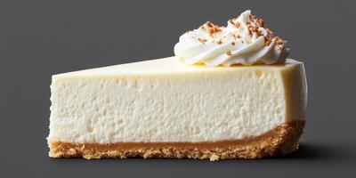 Creamy cheesecake slice topped with whipped cream and crumbs on a gray background presents an inviting dessert option photo