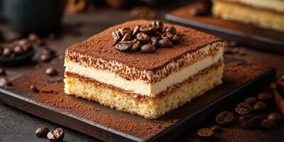 Delightful dessert featuring layers of cream and coffee beans served on a dark wooden plate photo