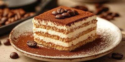 Deliciously layered tiramisu dessert served on a rustic plate with coffee beans photo