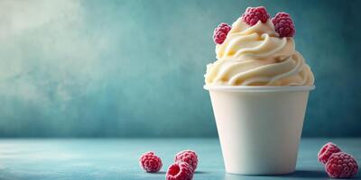 Creamy swirl ice cream with fresh raspberries in a cup on a blue background photo