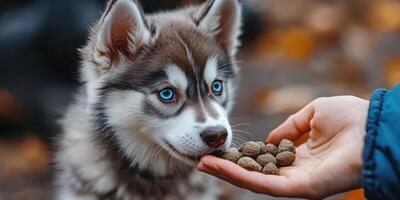 Siberian husky puppy eagerly reaching for food from a human hand in an outdoor setting during autumn photo