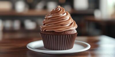 Chocolate cupcake with swirled frosting on a white plate in a cozy cafe setting photo