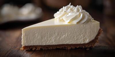 Creamy cheesecake slice topped with whipped cream on a wooden surface in a cozy dining setting photo