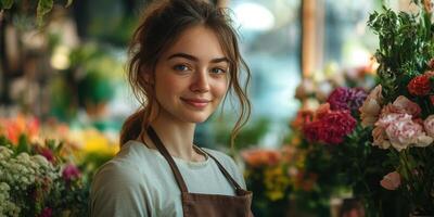 Young florist smiling in a colorful flower shop surrounded by fresh blooms during daylight hours photo