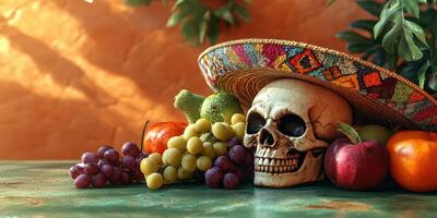 Colorful skull with sombrero resting among fresh fruits on a textured surface in a warm indoor setting photo
