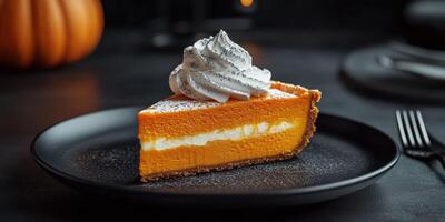 Slice of pumpkin cheesecake topped with whipped cream and sprinkled with cinnamon on a dark plate photo