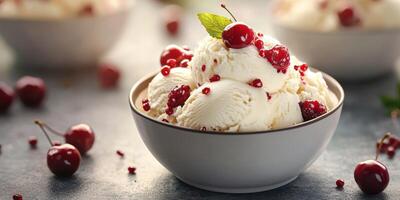 Creamy vanilla ice cream topped with fresh cherries and red currants in a modern kitchen setting photo
