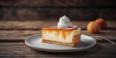 Delicious cheesecake adorned with whipped cream on a rustic wooden table setting photo