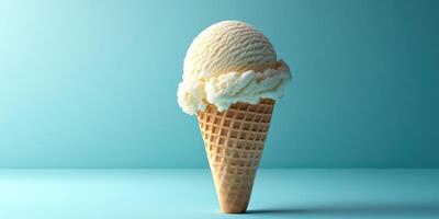 Creamy vanilla ice cream cone displayed against a light blue background creating a refreshing summer vibe photo