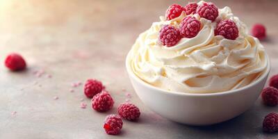 Whipped cream dessert topped with fresh raspberries served in a white bowl during a sunny afternoon photo