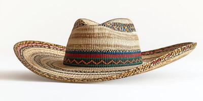 Handcrafted straw sombrero with colorful band on a neutral background photo