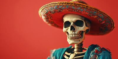 Colorful skeleton wearing traditional hat stands against vibrant background during festive celebration photo