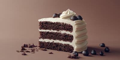 Decadent chocolate cake slice topped with whipped cream and chocolate chips on a neutral background photo