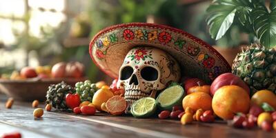 Colorful sugar skull adorned with flowers and fruits on a wooden table during a festive celebration photo