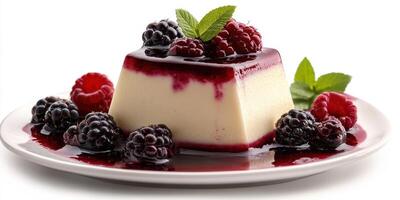 Decadent panna cotta dessert topped with fresh berries and vibrant berry sauce photo