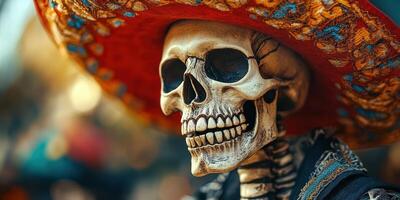 Colorful skeleton wearing a sombrero celebrates tradition during a cultural festival in a vibrant outdoor setting photo